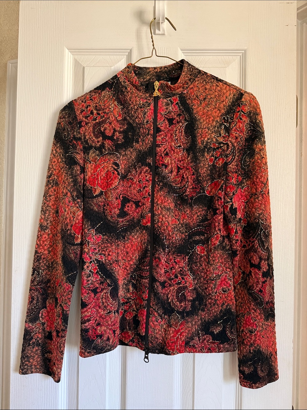 Joseph Ribkoff Red and Black Floral Zip Jacket with Stand Collar